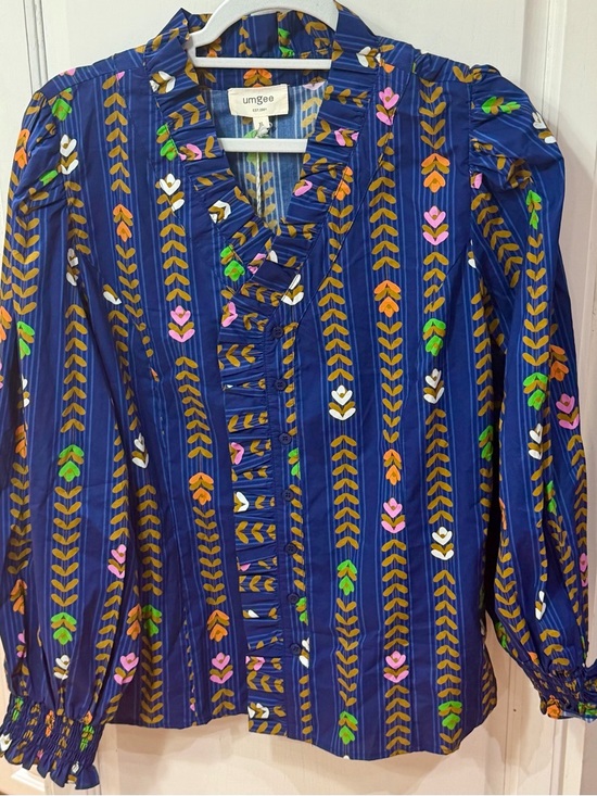 Umgee Tops - Umgee Navy Ruffle Front Blouse with Yellow Leaf and Multicolor Floral Accents